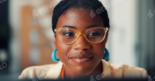 Preview: Smile, woman or laptop with glasses in office for article revision, editing draft or proofreading