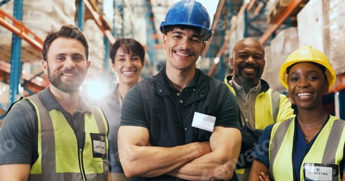 Preview: Happy, business people and portrait with team in warehouse for logistics or supply chain service