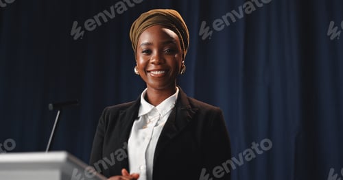 Preview: Black woman, speaker and portrait with mic for speech, congress or political statement on podium