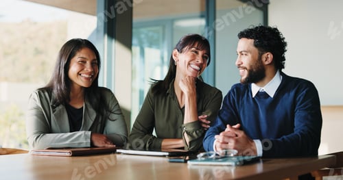 Preview: Portrait, happy people and lawyers in boardroom for case discussion, legal assistance