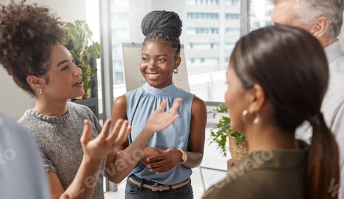 Preview: Boardroom, discussion and people with smile in meeting, teamwork or ideas for investment