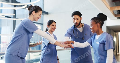 Preview: Happy, people and doctors with handstack in hospital for celebration, surgery success and victory