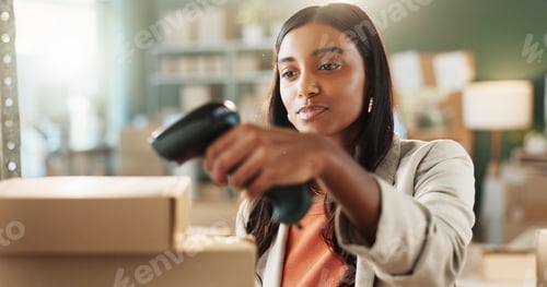 Preview: Woman, distribution or scan box in workplace for inventory check, ecommerce or pricing at boutique