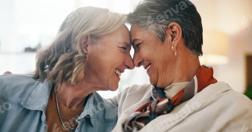 Preview: Lesbian, smile or mature couple in house with connection, commitment or bonding together on weekend