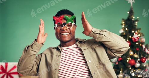 Preview: Portrait, black man and dance in studio for Christmas holiday, xmas party and celebration