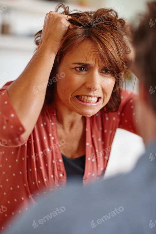 Preview: Angry, marriage conflict and woman with stress in home, communication and frustrated at partner