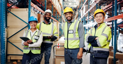 Preview: People, team and logistics with portrait at warehouse, supply chain and pride with smile