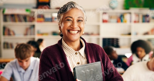 Preview: Students, teacher and woman with tablet, portrait and app for curriculum, smile and pride