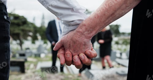 Preview: Funeral, people and holding hands in graveyard with grief, mourning and empathy for burial ceremony