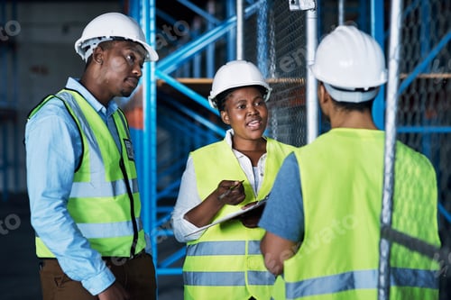 Preview: Business people, discussion and team with clipboard for quality control or storage maintenance