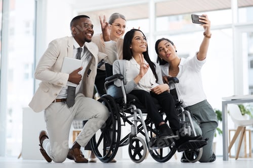 Preview: Business, team and selfie with businesswoman, wheelchair and smile for picture or social media post