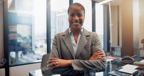 Preview: Portrait, business and black woman with arms folded in office for career, investment or smile