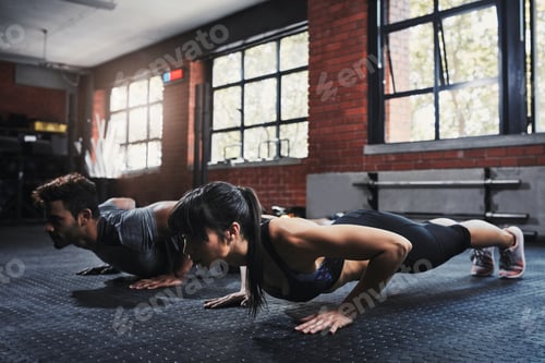 Preview: People, push ups and floor with workout in gym for muscle gain, fitness or indoor strength training