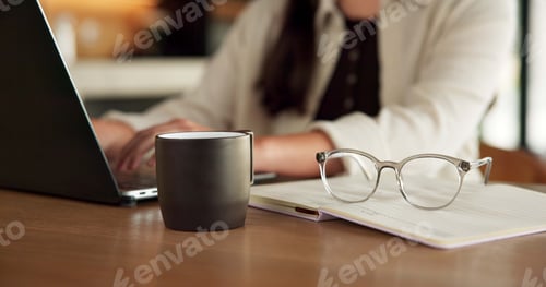 Preview: Laptop, hands and woman in home with online report, vision and coffee for schedule communication