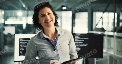 Preview: Happy woman, portrait or programmer with tablet in office for artificial intelligence