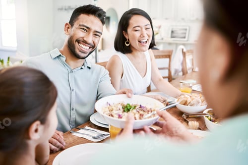 Preview: Family, parents and child in dining room with food, smile and thanksgiving lunch for bonding
