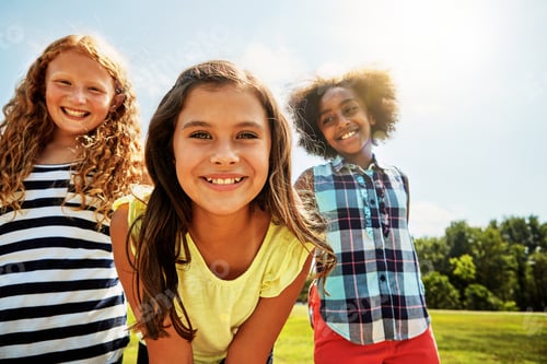 Preview: Happy girl, kids and portrait with sunshine in nature for bonding, holiday or outdoor weekend