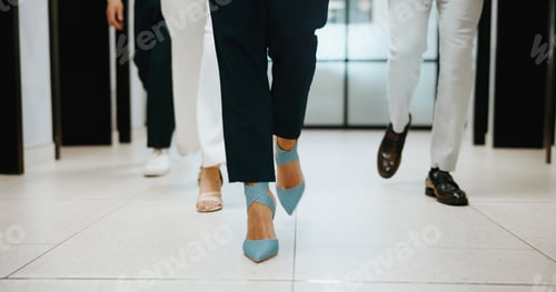 Preview: Walking, legs and business people in office for workshop, finance department