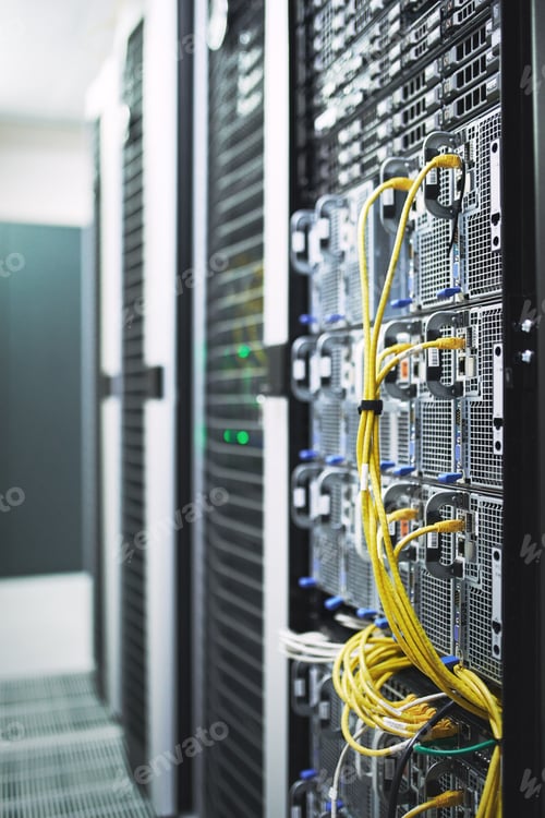 Preview: Empty, cables and hardware equipment in server room for database storage, cloud computing or tech