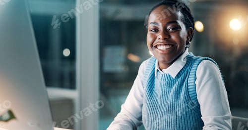 Preview: Office, woman and computer with portrait at night for copywriting, proofreading or story deadline
