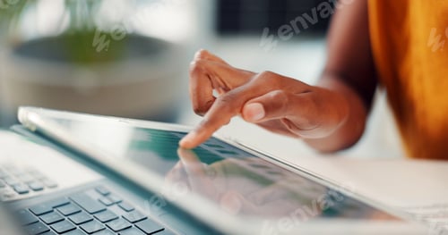 Preview: Hands, statistics and tablet screen with business person at desk in office to review charts
