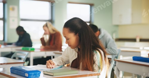 Preview: College, student and writing in classroom with test, assessment and education for knowledge growth