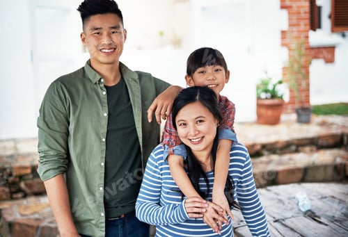Preview: Asian family, kid and happy parents outdoor by home for connection, care and support with daughter