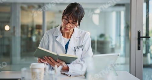Preview: Doctor, reading and woman with notebook, office and medical diagnosis for treatment plan
