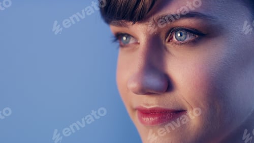 Preview: Woman, skincare and thinking in studio with smile, reflection and mock up space on background