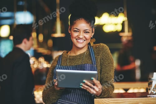 Preview: Portrait, woman and smile with tablet, cafe and digital reservation on website, happy and confident