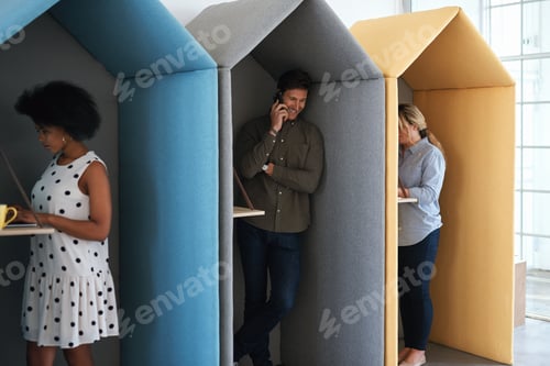 Preview: People, business and booth with technology for workspace isolation, privacy or hybrid work