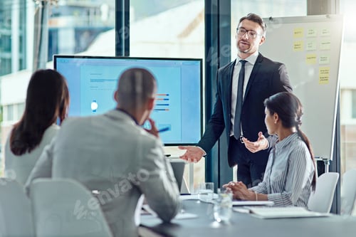 Preview: Presentation, speaker and training with business man in office for investment data