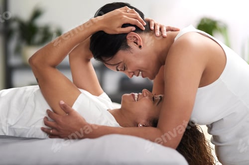 Preview: Lesbian, couple and relax with love on bed for bonding together, security and romantic weekend