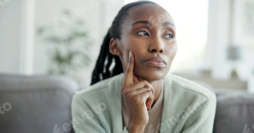 Preview: Thinking, waiting and black woman on sofa in home with memory, reflection
