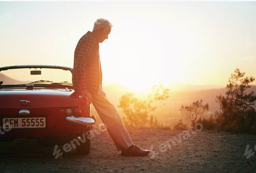 Preview: Old man, thinking and road trip with car, sunset and reflection in nature for vacation