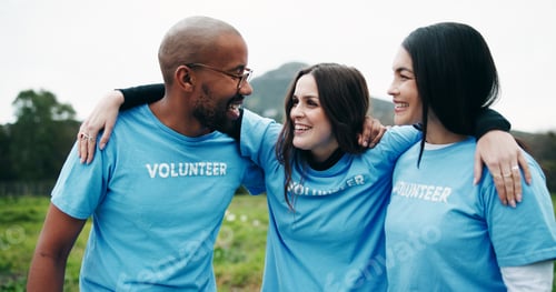 Preview: Team, volunteers and hug in nature with smile for environmental outreach, charity or NGO support