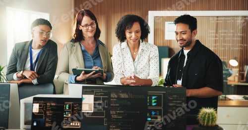 Preview: Developer, planning and computer with business people in office for database
