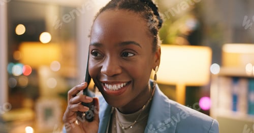 Preview: Black woman, phone call and happy at night in office with contact, listen