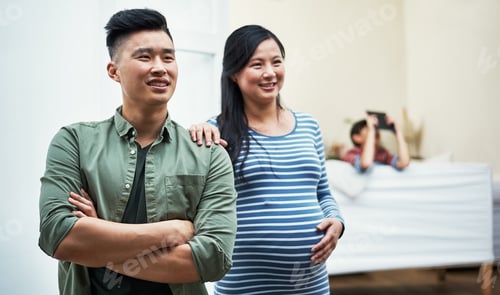 Preview: Pregnant woman, man and thinking in home with maternity support, love or ready for parenthood