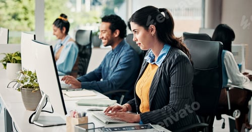 Preview: Creative, woman and reading with computer in office for research, editing article and newsletter