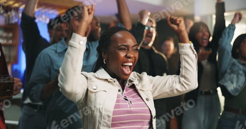 Preview: Victory, watching and people in house with fist pump, goal or celebration in soccer tournament