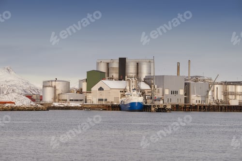 Preview: Landscape, sea and dock with buildings for shipping, global trade and industrial maritime