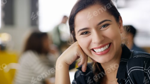 Preview: Woman, happy and relax in portrait at cafe for coffee break with pride, confident