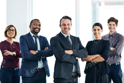 Preview: Portrait, lawyer and business people in office, arms crossed and about us for company growth