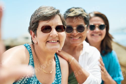 Preview: Portrait, selfie and smile with women on beach together for holiday, travel or vacation