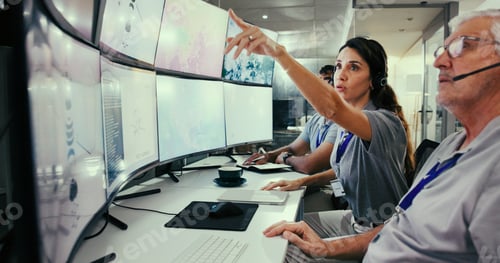 Preview: Computer screen, meteorology and pointing with woman in control room for storm