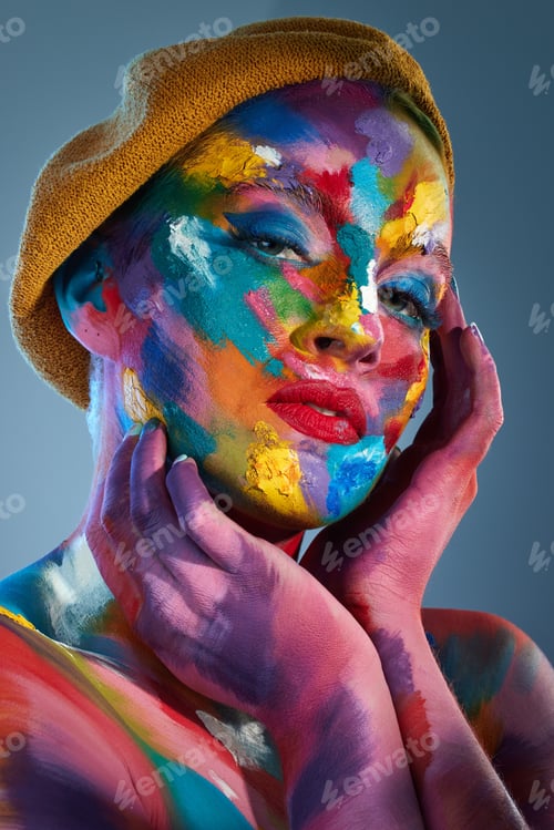 Preview: Woman, portrait and hat with face paint for art or stylish fashion on a studio background