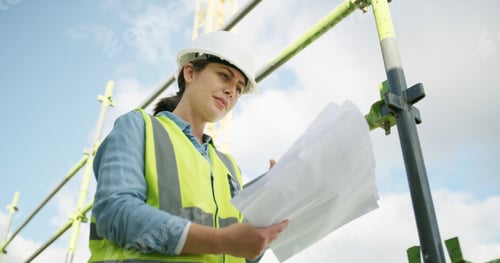 Preview: Architect, outdoor and woman with documents, construction site and real estate renovation with info