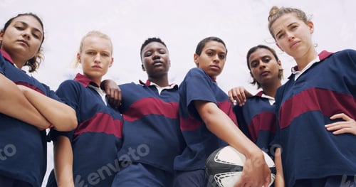 Preview: Teamwork, portrait and rugby with women on field for support, community and premiership league