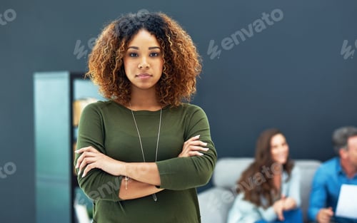 Preview: Arms crossed, leadership and portrait of designer woman in office lounge for project management